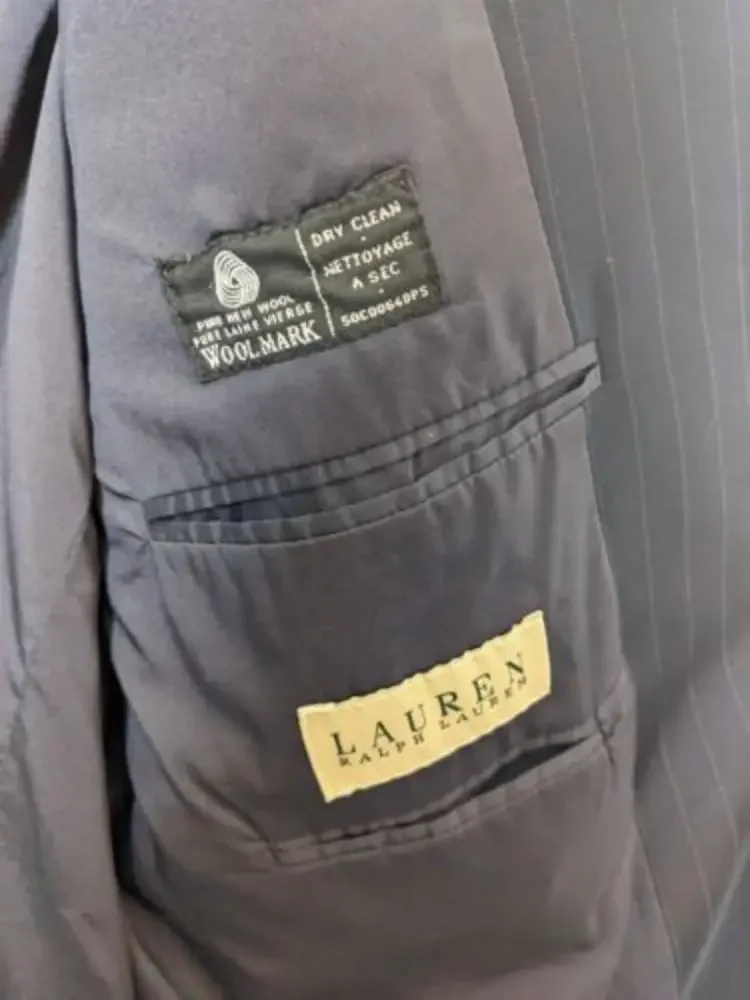 Lauren Ralph Lauren Mens‎ Blazer Size 48R 100% Wool Blue Striped Two Button Navy